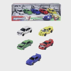 May include: A Majorette JDM Legends toy car set featuring five die-cast vehicles in white, yellow, green, red, and blue. The packaging displays the brand name and collection title, with individual cars shown with open hoods and detailed features.
