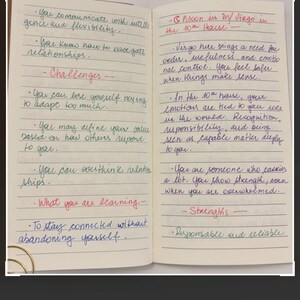 May include: Open notebook pages with handwritten notes in green and purple ink. The text discusses challenges, strengths, and learning aspects related to relationships and self-perception. The notebook is open on a white surface.