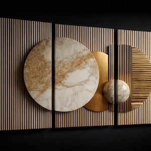 Peut inclure: Art mural abstrait composé de trois panneaux. Les panneaux présentent des lattes de bois verticales et des éléments circulaires en or, marbre et une finition texturée. Le design est moderne et géométrique.