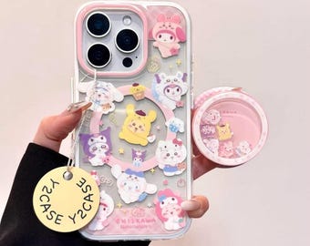 かわいい千川×サンリオ クリア MagSafe スマホケース iPhone 15/16/17 Pro Max、かわいい回転式ポップソケットグリップ耐衝撃カバー、女の子への素敵なギフト