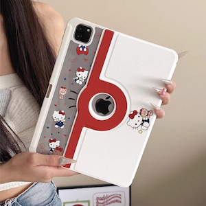 Magnetic Detachable Design iPad 2026/Air 8/7/6 Built-in Pencil Holder Kawaii Hello Kitty White iPad Case Features 360 Rotating Red Stand