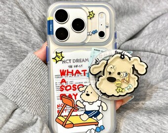 Cute Workout Puppy MagSafe Phone Case, Newspaper Print Shockproof Anti-Scratch Cover with Shaker Stand for iPhone 15/16/17 Pro Max