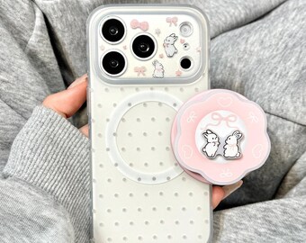 Niedliches kokettes Häschen MagSafe Handyhülle, Polka Dot Print stoßfeste Anti-Kratz-Abdeckung mit Blumenständer für iPhone 15/16/17 Pro Max