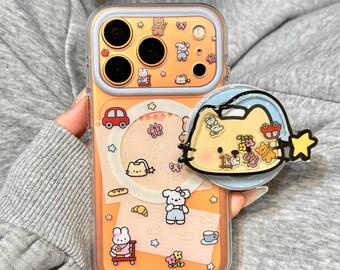 Niedliche Cartoon Katze MagSafe Handyhülle, Orange Print stoßfeste Anti-Kratzer-Abdeckung mit Katzen-Shaker-Stand für iPhone 15/16/17 Pro Max