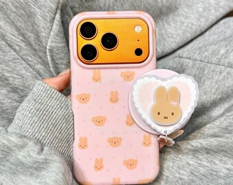Niedliche Hase & Bär MagSafe Handyhülle, Pastell Rosa Druck stoßfeste, kratzfeste Abdeckung mit Herz Hase für iPhone 15/16/17 Pro Max