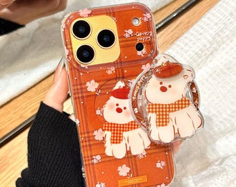 Niedliche Girly Orange MagSafe Handyhülle, Welpen-Druck mit Themen-Stand, leichte Anti-Fingerabdruck-Abdeckung für iPhone 15/16/17 Pro Max