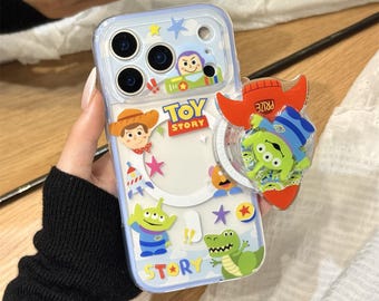 Verspielte MagSafe Toy Story Charakter Print Halbtransparente stoßfeste Anti-Fingerabdruck-Hülle mit passendem Ständer für iPhone 15/16/17 Pro Max