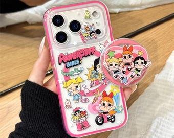 Klare Cartoon niedliche Mädchen MagSafe Handyhülle, Pink Border Print stoßfeste Anti-Kratzer-Abdeckung mit Herz Ständer für iPhone 15/16/17 Pro Max