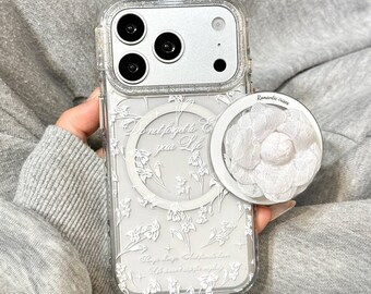 Elegante Spitze Camellia MagSafe Handyhülle, Floral Geprägte stoßfeste Anti-Kratzer-Abdeckung mit 3D Blumenständer für iPhone 15/16/17ProMax