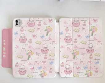 Funda magnética desmontable para iPad 2026 / Air 8/7/6, diseño de gatitos rosas con lazos, pasteles y flores, incluye soporte para lápiz integrado.