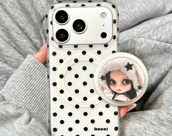 Niedliche Polka Dot Blythe MagSafe Handyhülle, Schwarz-Weiß-Druck, stoßfeste, kratzfeste Abdeckung mit Puppengesicht für iPhone 15/16/17 Pro Max