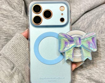 Niedliche irisierende Bogen MagSafe Handyhülle, Pastell Blau Druck stoßfeste Anti-Kratzer-Abdeckung mit Glitzer Bogen Ständer für iPhone 15/16/17 Pro Max