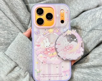 Cute Dreamy Bunny MagSafe Phone Case, Pastel Purple Print Shockproof Anti-Scratch Cover with Moon Cloud Stand for iPhone 15/16/17 Pro Max