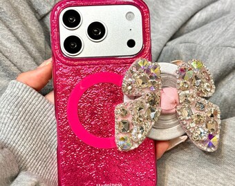 Süße Bogen MagSafe Handyhülle, Design mit Shimmer Red/Lila Design mit Strass Bogen Stand Leichte Schutzhülle für iPhone 15/16/17 Pro Max