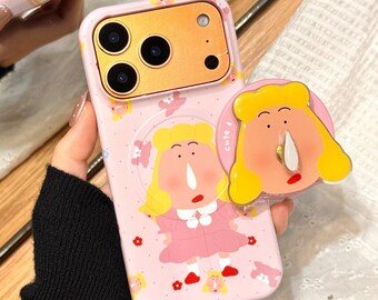 Niedliches Cartoon Mädchen MagSafe Handyhülle, Blush Pink Print Stoßfeste Anti-Kratz-Abdeckung mit Nasentropfen-Mädchen-Stand für iPhone 15/16/17 ProMax