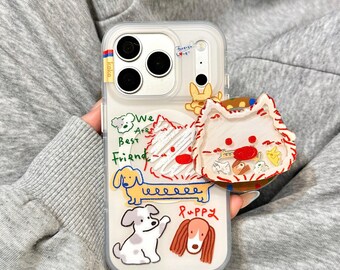 Entzückende Welpen MagSafe Handyhülle, Doodle Design mit interaktivem Katzengesicht, stoßfeste Anti-Rutsch-Abdeckung für iPhone 15/16/17 Pro Max