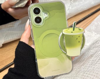 Minimalistische MagSafe Handyhülle, rutschfeste, dünne Schutzhülle mit grünem Farbverlauf und Matcha Cup Stand für iPhone 15/16/17 Pro Max