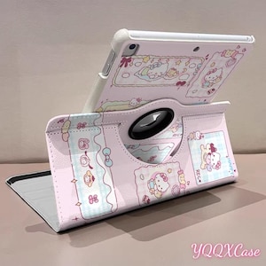Cute play Hello Kitty Pink Leather iPad Case with 360 Rotatable Stand and Apple Pencil Holder, Compatible with iPad Air 11 iPad 10th Gen