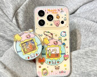 Wunderliche Tamagotchi MagSafe Handyhülle, Pastell Rosa Streifen Design mit Themen Stand, leichte Schutzhülle für iPhone 15/16/17 Pro Max