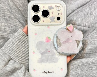 Süßer Erdbeer-Elefant MagSafe Handyhülle, Aquarell-Druck stoßfeste Anti-Kratz-Abdeckung mit passendem Ständer für iPhone 15/16/17 Pro Max