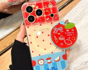 Cute Adorable Red Apple MagSafe Phone Case,Gingham Polka Dot Print Shockproof Anti-Scratch Cover with Apple Stand for iPhone 15/16/17 ProMax