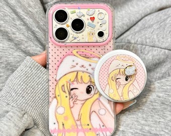 Girly Pink Polka Dot Print MagSafe Handyhülle, Mädchen-Druck mit Spiegelständer, leichte Anti-Fingerprint-Abdeckung für iPhone 15/16/17 Pro Max