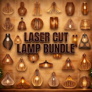 May include: A selection of laser-cut wooden lamps in diverse shapes, such as pendant lights and shades. The lamps are presented against a wood-panelled wall, with the text "LASER CUT LAMP BUNDLE" clearly visible.