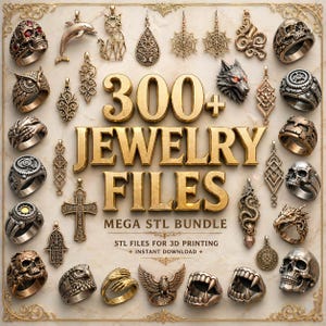 Puede incluir: Una colección de joyas doradas y plateadas, que incluye anillos, colgantes y pendientes. La imagen presenta diversos diseños, como calaveras, animales y formas geométricas. El texto "300+ JEWELRY FILES MEGA STL BUNDLE" también es visible.