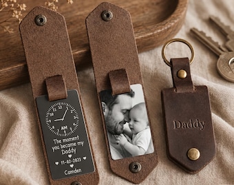 Personalized Leather Photo Keychain, First Time Dad Gift, Custom Name Keepsake