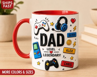 Personalized Gamer Dad Mug, Retro Level Legendary Coffee Cup (11oz, 15oz)