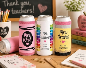 Personalized Teacher Can Cooler Sleeve, Custom Photo Drink Holder, Neoprene Gift