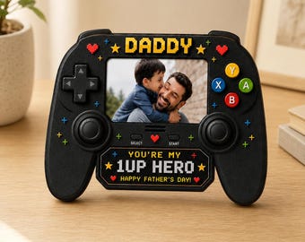 Personalized Gamer Photo Frame, Retro Game Controller Decor, Father's Day Gift