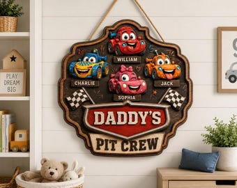 Dad Pit Crew Personalized Sign, Papa Door Sign Custom With Kid Name, Gift For Dad, Fathers Day Gift For Him, Daddy Funny Decor Gifts