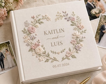 Embroidered Linen Wedding Photo Album, Custom Keepsake Book, Anniversary Gift, Wedding Photo Album Book
