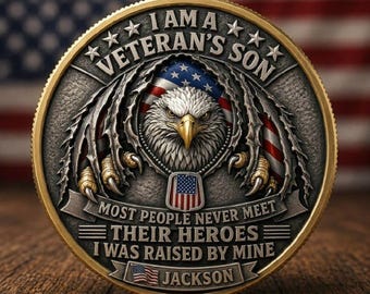Personalized I Am A Veteran’s Son Coin, Custom Eagle Flag US Veteran Coin, Veteran Day Gifts, Memorial Day Gifts, Fathers Day Gifts