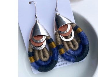 Indigo + Tansy Plant Dyed Handwoven Textile Earrings with Copper and Silver