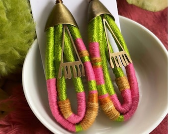 Lime Green, Flamingo Pink and Marigold Dyed Handwoven Textile Earrings
