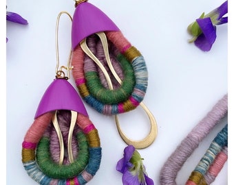 Magenta Wildflower Textile Earrings Plant Dyed with Madder Root, Indigo, Wild Grape