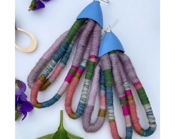 Wildflower Handwoven Plant Dyed Textile Earrings, Natually Hand Dyed with Madder Root, Indigo, Wild Grape