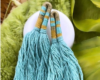 Teal with Onion and Goldenrod Dye Handwoven Textile Earrings