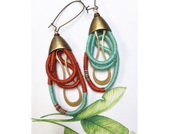 Rust and Teal Handwoven Textile Earrings Made of Cotton