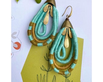 Teal with Goldenrod, Red Onion Dyed Textile Earrings and Brass Leaf