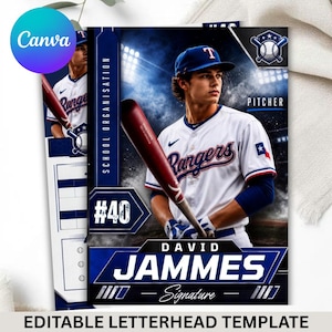 May include: A sports trading card template featuring a baseball player in a white Rangers jersey and blue cap holding a bat. The design includes the text David Jammes, #40, Pitcher, and School Organisation against a dark blue stadium background.