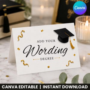 以下が含まれることがあります： 「Add Your Wording Degree」という言葉がエレガントな筆記体で書かれた白い卒業カード。金色のタッセルが付いた黒い卒業キャップが特徴です。金色の紙吹雪とリボンがカードを飾っています。Canvaのロゴが見えます。