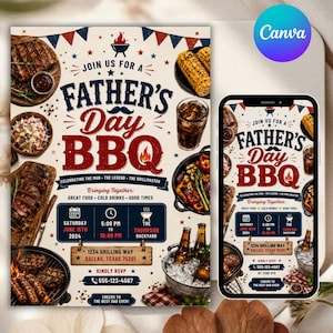 May include: A Father's Day BBQ invitation flyer featuring text that reads Join Us For A Father's Day BBQ, Celebrating The Man, The Legend, The Grillmaster, with details for Saturday June 15th 2024, 5:00 PM to 10:00 PM at 1234 Grilling Way, Dallas, Texas.