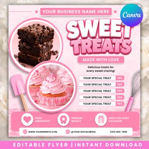 Flyer für die Bäckerei „Süße Leckereien“, bearbeitbare Canva-Vorlage (Digitaler Download)