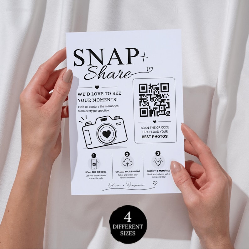 Wedding Photo QR Code Card, Snap & Share Sign Template, Bridal Shower Photo Sharing Card, Scan and Share Wedding Pictures