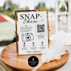 Wedding Photo QR Code Card, Snap & Share Sign Template, Bridal Shower Photo Sharing Card, Scan and Share Wedding Pictures
