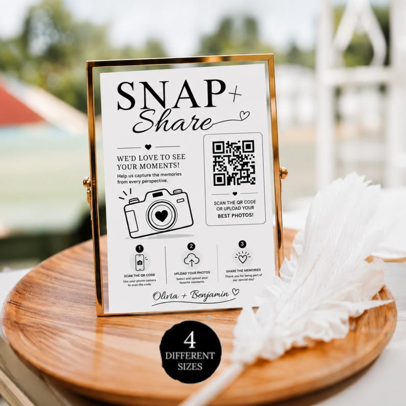 Wedding Photo QR Code Card, Snap & Share Sign Template, Bridal Shower Photo Sharing Card, Scan and Share Wedding Pictures
