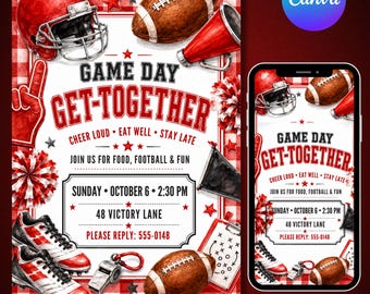 May include: A digital invitation template for a game day get-together featuring a red football helmet, brown footballs, a red megaphone, pom-poms, and cleats. The text reads: GAME DAY GET-TOGETHER, CHEER LOUD, EAT WELL, STAY LATE, JOIN US FOR FOOD, FOOTBALL & FUN, SUNDAY, OCTOBER 6, 2:30 PM, 48 VICTORY LANE, PLEASE REPLY: 555-0148.